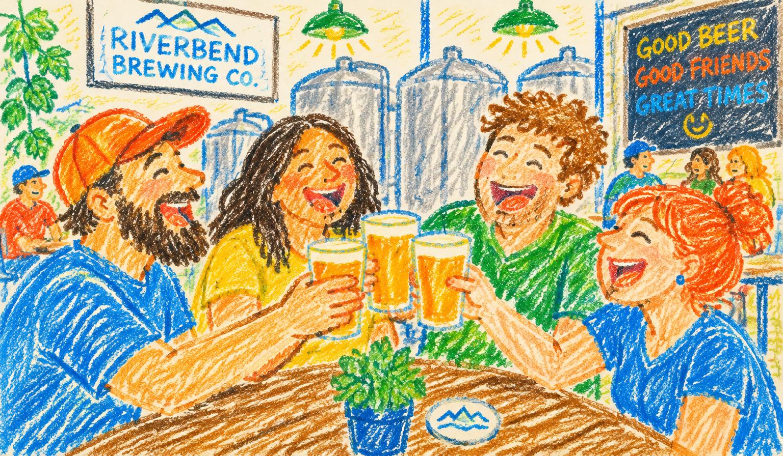 Friends laughing at a cozy brewery bar